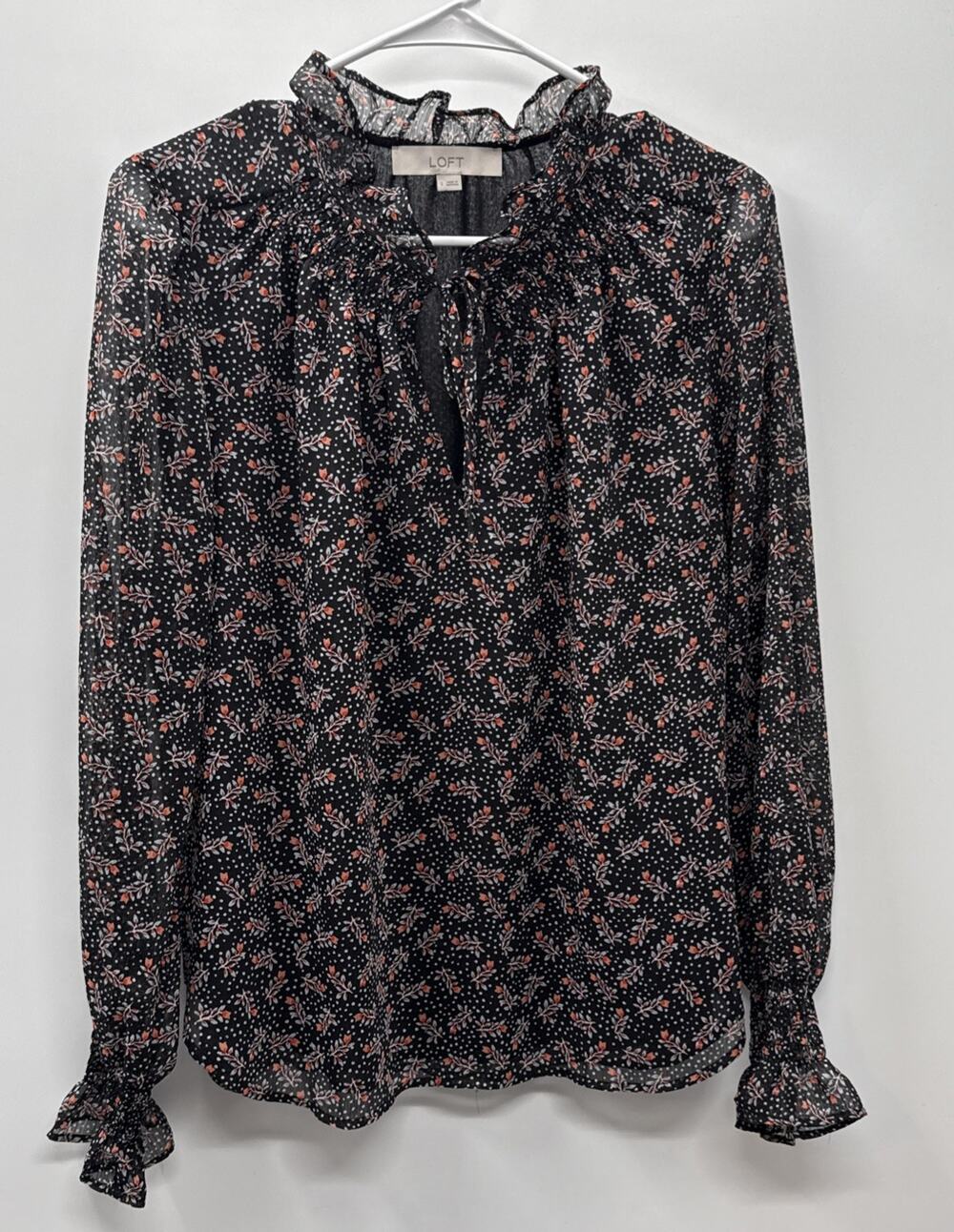 LOFT Black Floral Ruffle Neck Blouse Small Long Sleeve Lightweight Top
